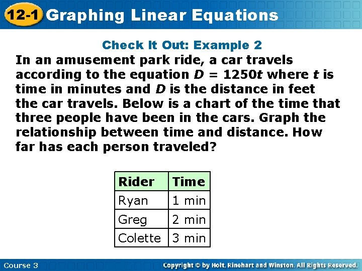 12 -1 Graphing Linear Equations Check It Out: Example 2 In an amusement park