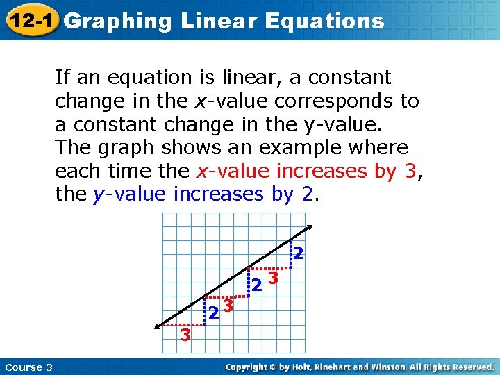 12 -1 Graphing Linear Equations If an equation is linear, a constant change in