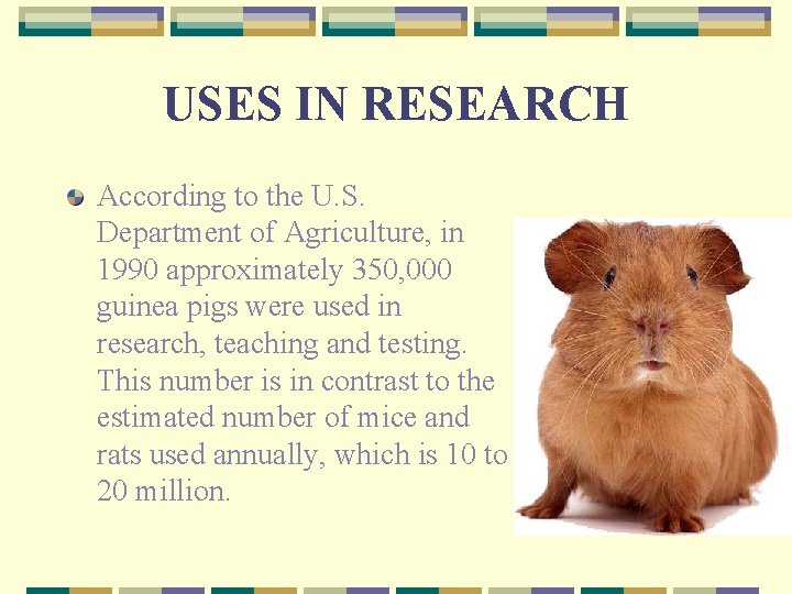 USES IN RESEARCH According to the U. S. Department of Agriculture, in 1990 approximately