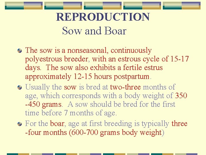 REPRODUCTION Sow and Boar The sow is a nonseasonal, continuously polyestrous breeder, with an