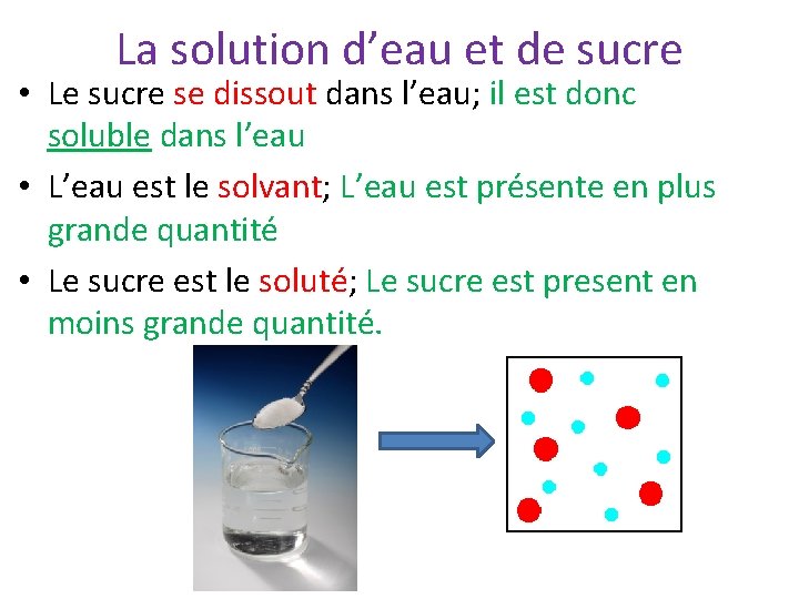 La solution d’eau et de sucre • Le sucre se dissout dans l’eau; il
