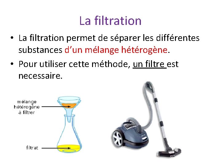 La filtration • La filtration permet de séparer les différentes substances d’un mélange hétérogène.
