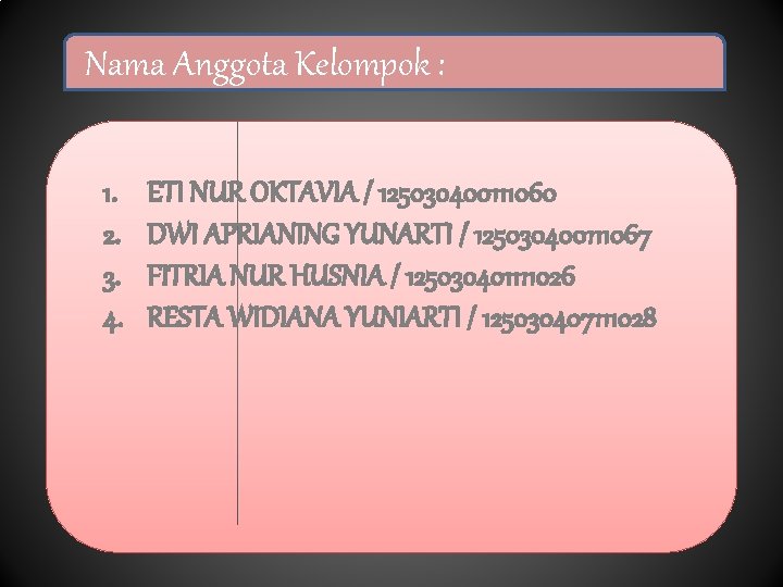 Nama Anggota Kelompok : 1. 2. 3. 4. ETI NUR OKTAVIA / 125030400111060 DWI