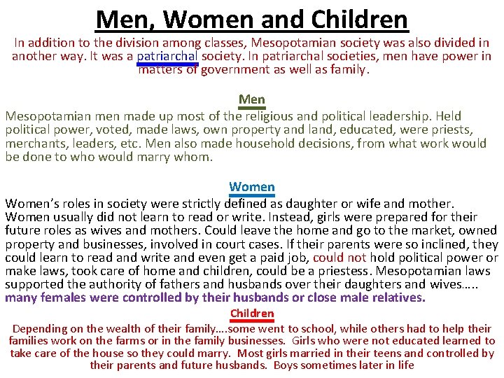 Men, Women and Children In addition to the division among classes, Mesopotamian society was