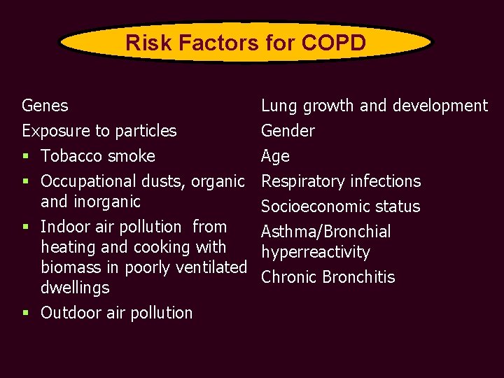 Risk Factors for COPD Genes Exposure to particles § Tobacco smoke § Occupational dusts,