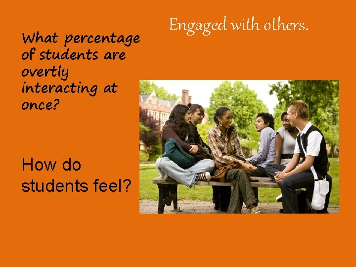 What percentage of students are overtly interacting at once? How do students feel? Engaged