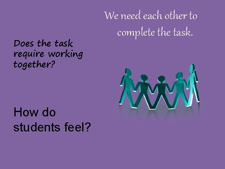 Does the task require working together? How do students feel? We need each other