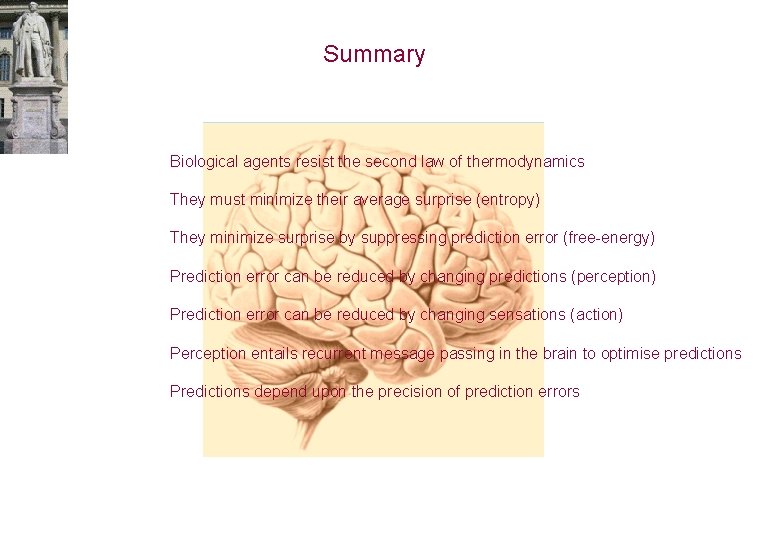 Summary Biological agents resist the second law of thermodynamics They must minimize their average