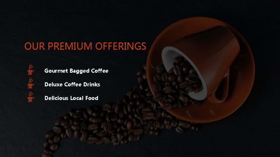 OUR PREMIUM OFFERINGS Gourmet Bagged Coffee Deluxe Coffee Drinks Delicious Local Food 