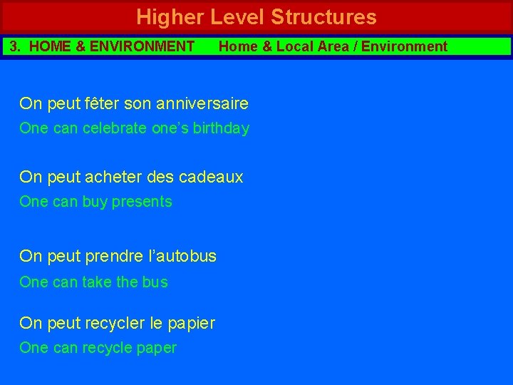 Higher Level Structures 3. HOME & ENVIRONMENT Home & Local Area / Environment On