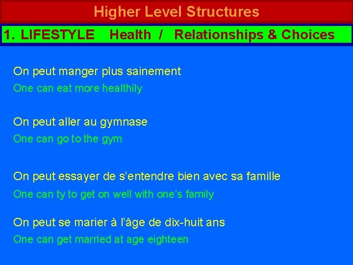 Higher Level Structures 1. LIFESTYLE Health / Relationships & Choices On peut manger plus