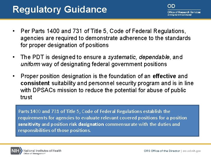 Regulatory Guidance OD • Per Parts 1400 and 731 of Title 5, Code of Regulatory Guidance OD • Per Parts 1400 and 731 of Title 5, Code of