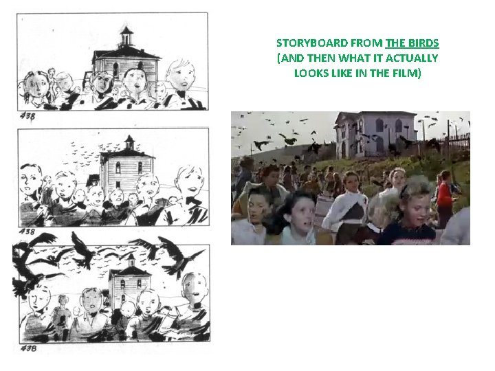 STORYBOARD FROM THE BIRDS (AND THEN WHAT IT ACTUALLY LOOKS LIKE IN THE FILM)