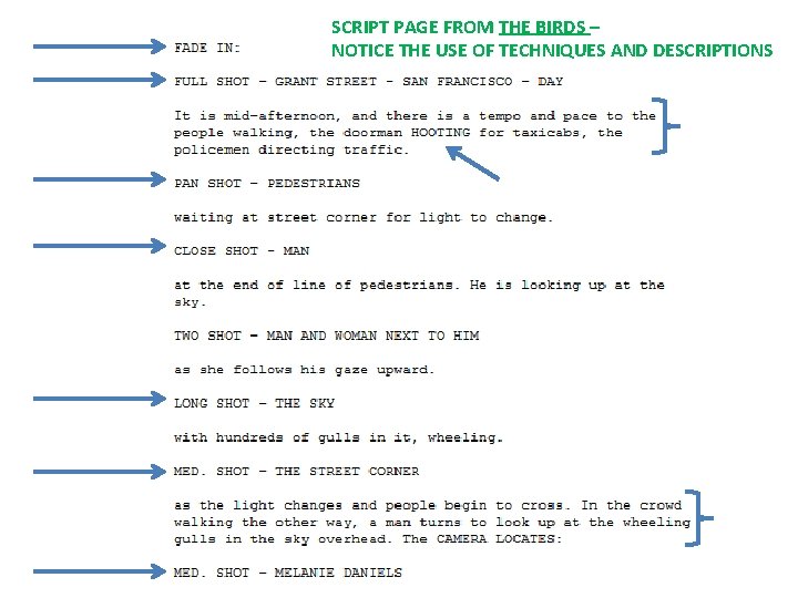 SCRIPT PAGE FROM THE BIRDS – NOTICE THE USE OF TECHNIQUES AND DESCRIPTIONS 