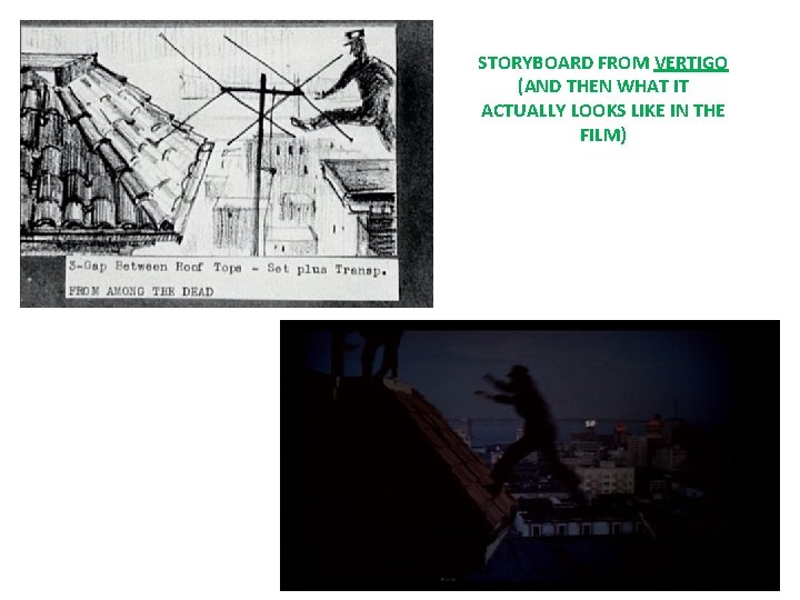 STORYBOARD FROM VERTIGO (AND THEN WHAT IT ACTUALLY LOOKS LIKE IN THE FILM) 