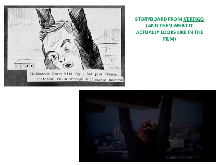 STORYBOARD FROM VERTIGO (AND THEN WHAT IT ACTUALLY LOOKS LIKE IN THE FILM) 