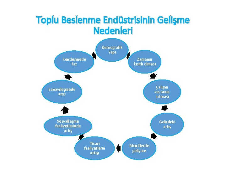 Toplu Beslenme Endüstrisinin Gelişme Nedenleri Demografik Yapı Kentleşmede hız Zamanın kısıtlı olması Çalışan sayısının