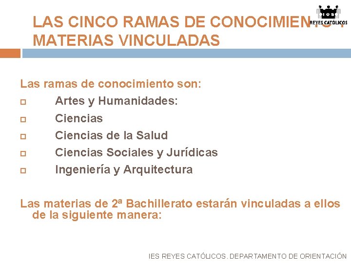LAS CINCO RAMAS DE CONOCIMIENTO Y MATERIAS VINCULADAS Las ramas de conocimiento son: Artes