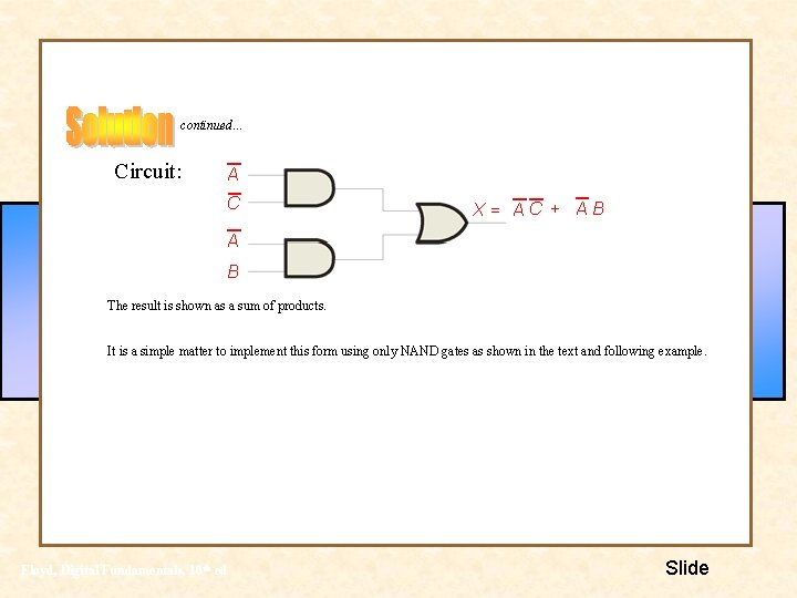 continued… Circuit: A C X= AC + AB A B The result is shown continued… Circuit: A C X= AC + AB A B The result is shown
