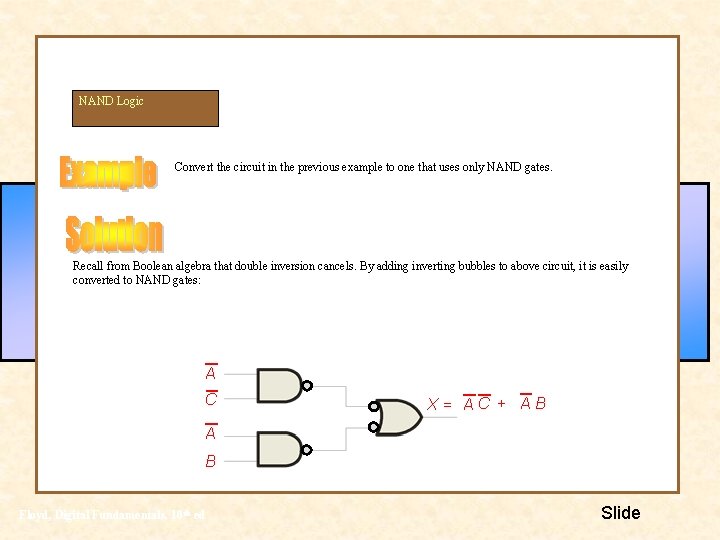 NAND Logic Convert the circuit in the previous example to one that uses only NAND Logic Convert the circuit in the previous example to one that uses only