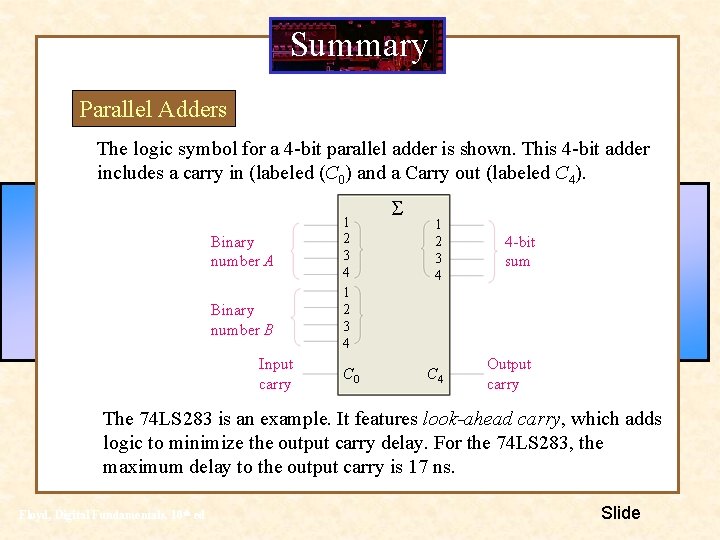 Summary Parallel Adders The logic symbol for a 4 -bit parallel adder is shown. Summary Parallel Adders The logic symbol for a 4 -bit parallel adder is shown.