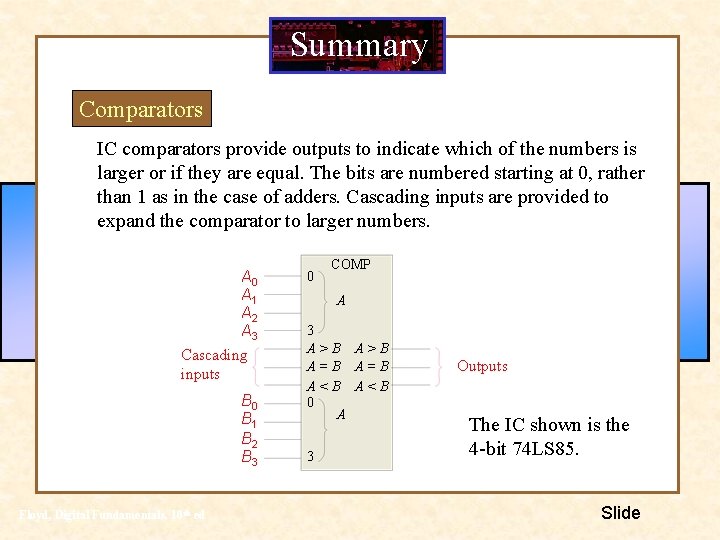 Summary Comparators IC comparators provide outputs to indicate which of the numbers is larger Summary Comparators IC comparators provide outputs to indicate which of the numbers is larger