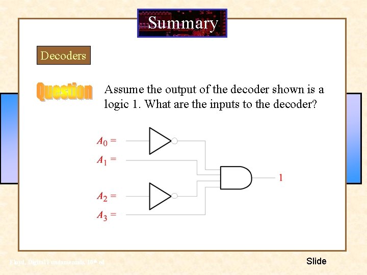 Summary Decoders Assume the output of the decoder shown is a logic 1. What Summary Decoders Assume the output of the decoder shown is a logic 1. What