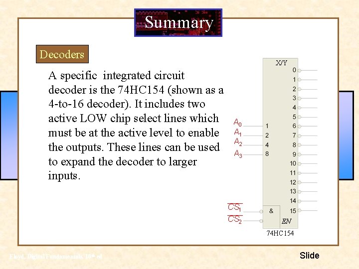 Summary Decoders A specific integrated circuit decoder is the 74 HC 154 (shown as Summary Decoders A specific integrated circuit decoder is the 74 HC 154 (shown as