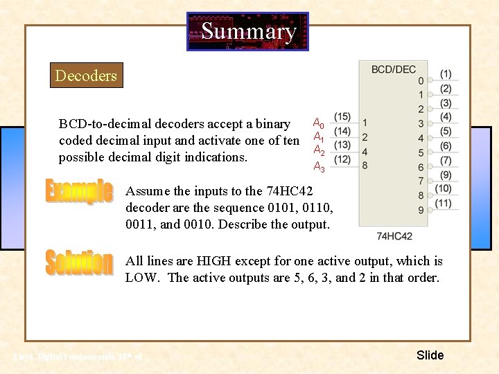 Summary Decoders BCD-to-decimal decoders accept a binary coded decimal input and activate one of Summary Decoders BCD-to-decimal decoders accept a binary coded decimal input and activate one of