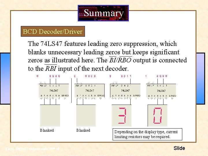 Summary BCD Decoder/Driver The 74 LS 47 features leading zero suppression, which blanks unnecessary Summary BCD Decoder/Driver The 74 LS 47 features leading zero suppression, which blanks unnecessary