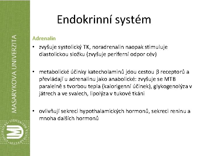 Endokrinní systém Adrenalin • zvyšuje systolický TK, noradrenalin naopak stimuluje diastolickou složku (zvyšuje periferní