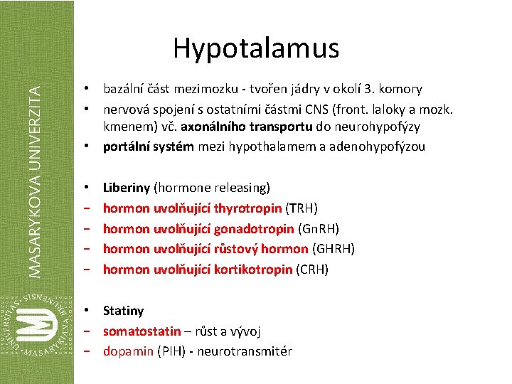 Hypotalamus • bazální část mezimozku - tvořen jádry v okolí 3. komory • nervová