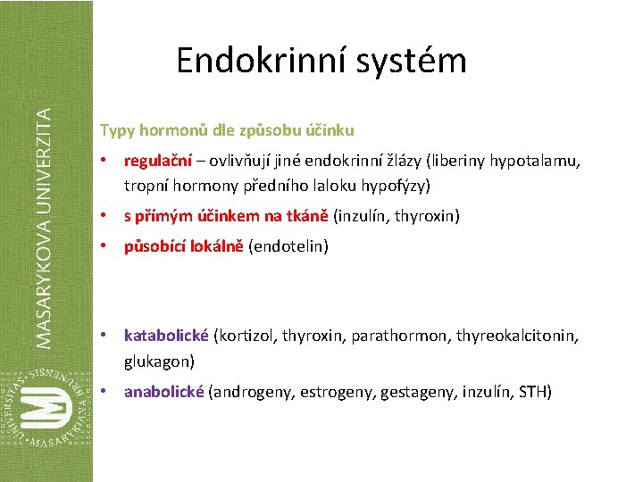 Endokrinní systém Typy hormonů dle způsobu účinku • regulační – ovlivňují jiné endokrinní žlázy