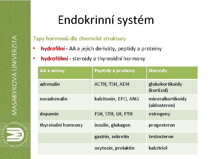 Endokrinní systém Typy hormonů dle chemické struktury • hydrofilní - AA a jejich deriváty,