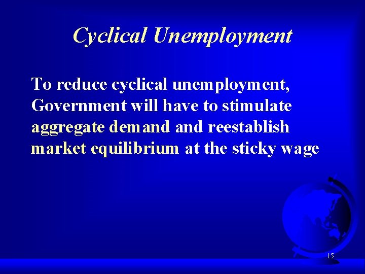 Cyclical Unemployment To reduce cyclical unemployment, Government will have to stimulate aggregate demand reestablish