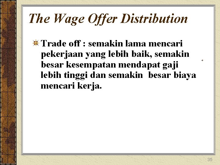 The Wage Offer Distribution Trade off : semakin lama mencari pekerjaan yang lebih baik,