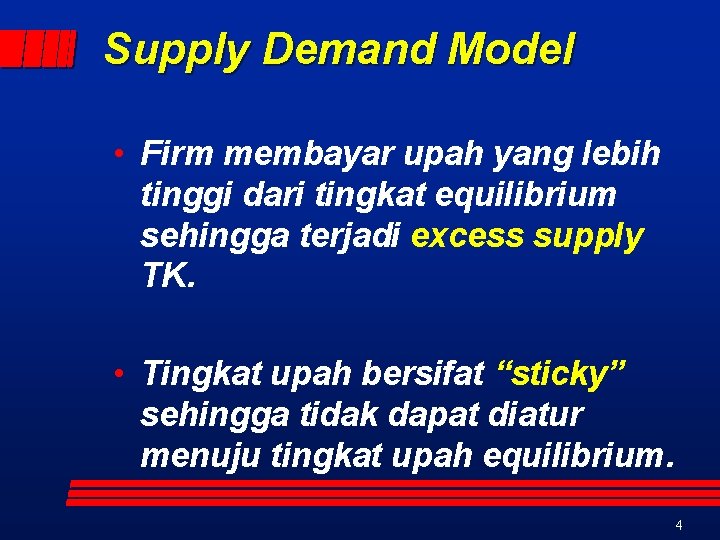 Supply Demand Model • Firm membayar upah yang lebih tinggi dari tingkat equilibrium sehingga