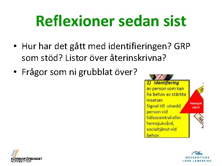 Reflexioner sedan sist • Hur har det gått med identifieringen? GRP som stöd? Listor