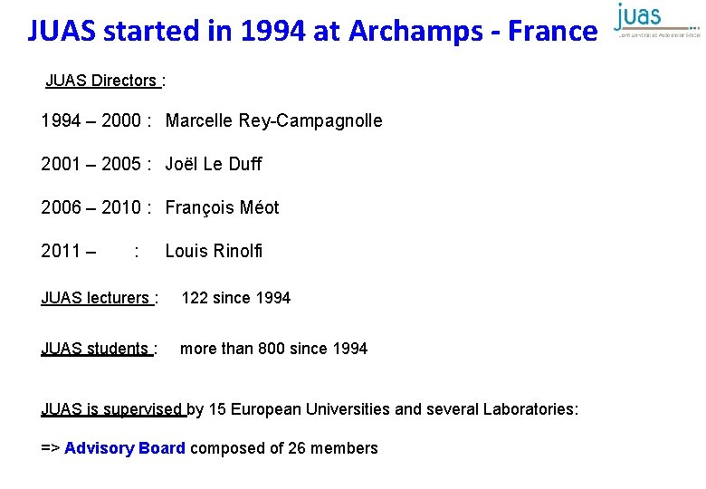 JUAS started in 1994 at Archamps - France JUAS Directors : 1994 – 2000