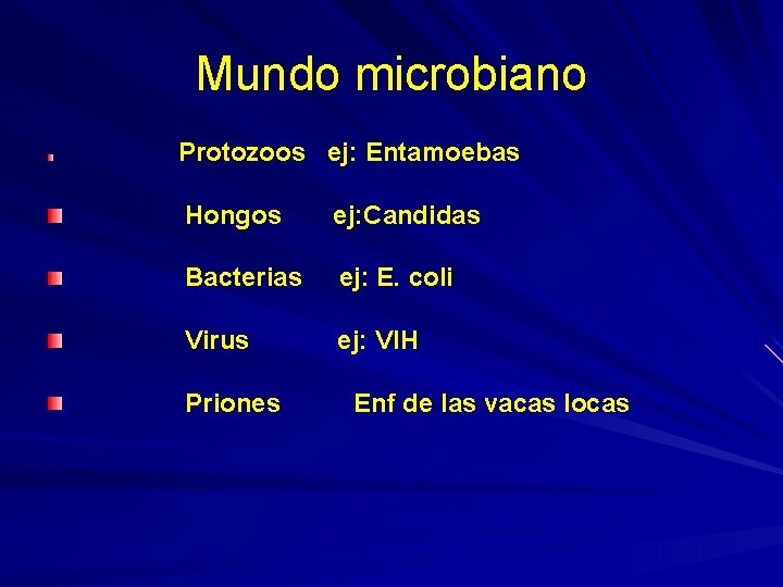 Mundo microbiano Protozoos ej: Entamoebas Hongos ej: Candidas Bacterias ej: E. coli Virus ej: