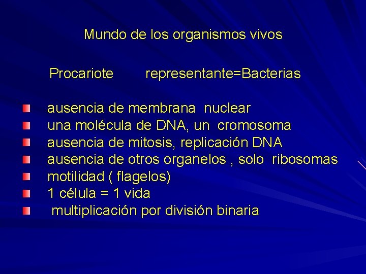 Mundo de los organismos vivos Procariote representante=Bacterias ausencia de membrana nuclear una molécula de