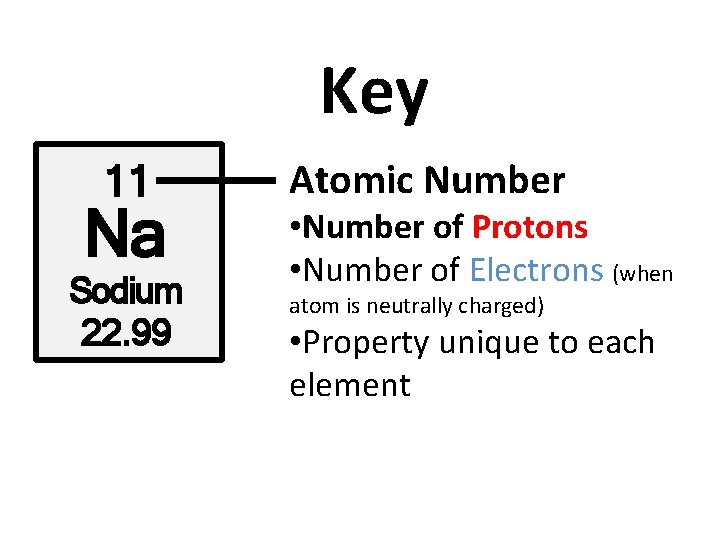 Key 11 Na Sodium 22. 99 Atomic Number • Number of Protons • Number