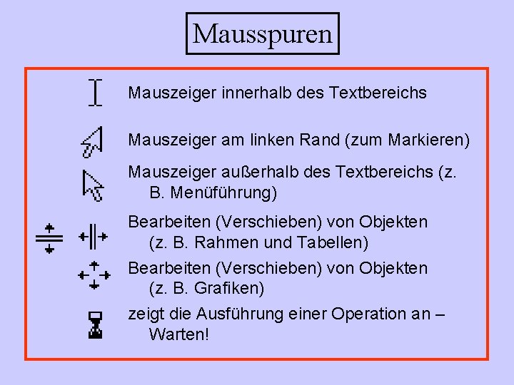 Mausspuren Mauszeiger innerhalb des Textbereichs Mauszeiger am linken Rand (zum Markieren) Mauszeiger außerhalb des