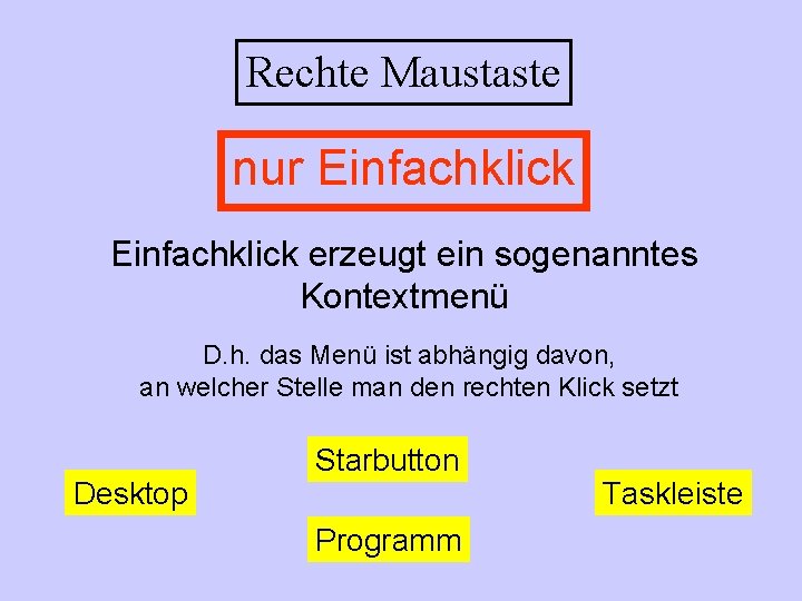 Rechte Maustaste nur Einfachklick erzeugt ein sogenanntes Kontextmenü D. h. das Menü ist abhängig