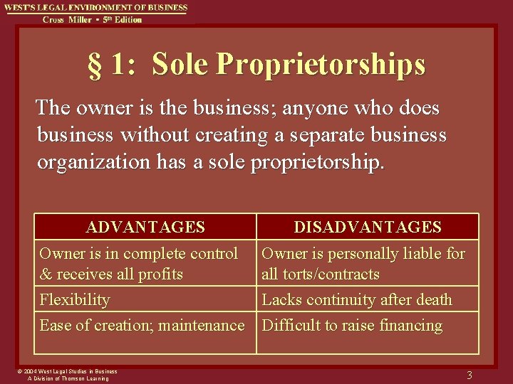 § 1: Sole Proprietorships The owner is the business; anyone who does business without