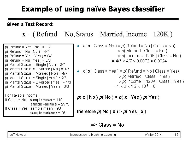 Example of using naïve Bayes classifier Given a Test Record: p( Refund = Yes