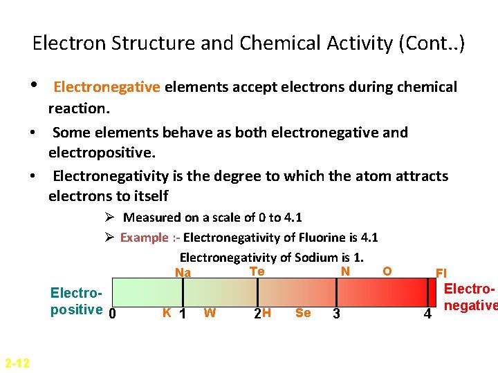 Electron Structure and Chemical Activity (Cont. . ) • Electronegative elements accept electrons during