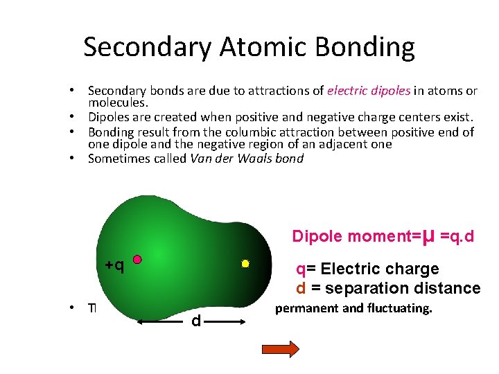 Secondary Atomic Bonding • Secondary bonds are due to attractions of electric dipoles in