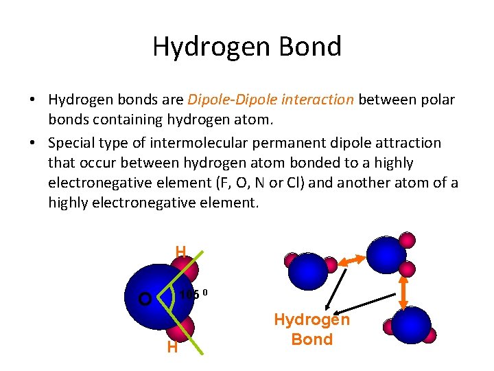 Hydrogen Bond • Hydrogen bonds are Dipole-Dipole interaction between polar bonds containing hydrogen atom.