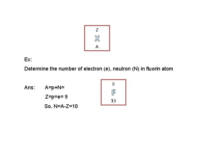 Z X A Ex: Determine the number of electron (e), neutron (N) in fluorin